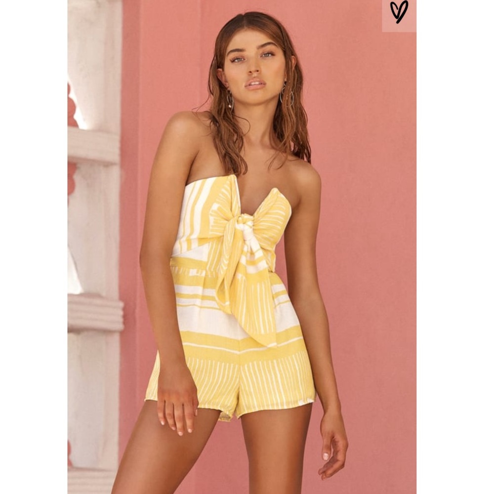 Delphi Yellow White Striped Tie Strapless Romper